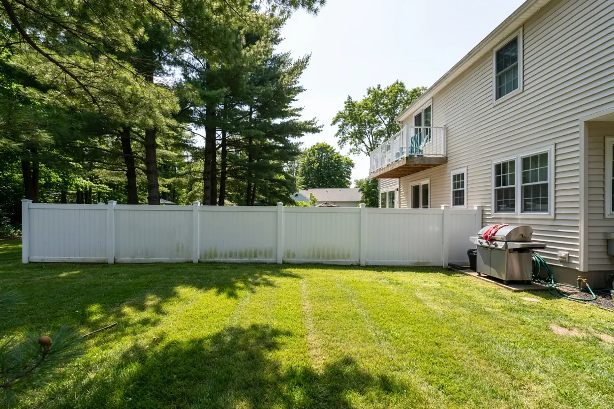 White vinyl fence around a Central Jersey split-level home