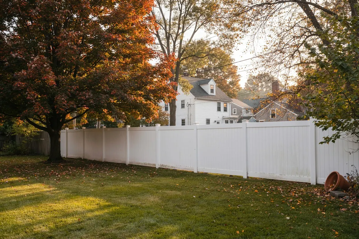 Vinyl-fenced backyard in a dense North Jersey suburb with oaks in autumn color