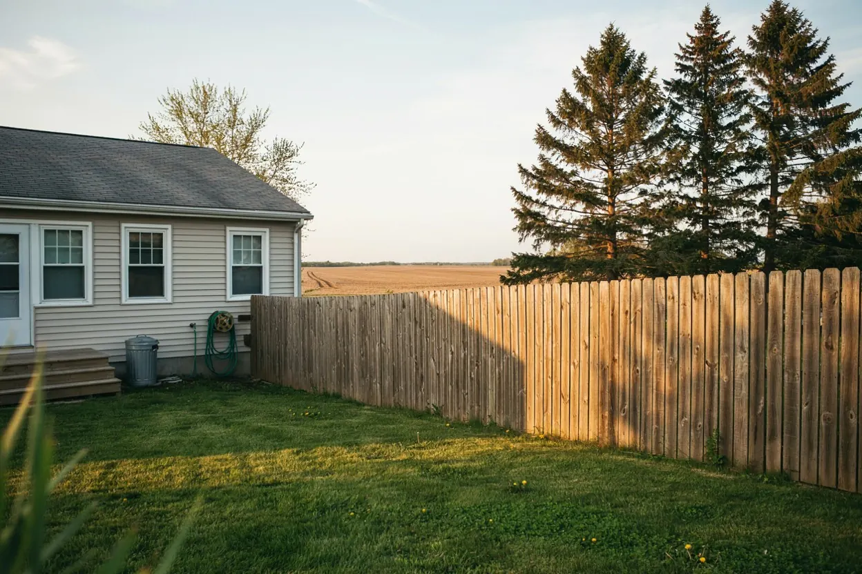 Cedar fence in a South Jersey yard with pines and farmland beyond