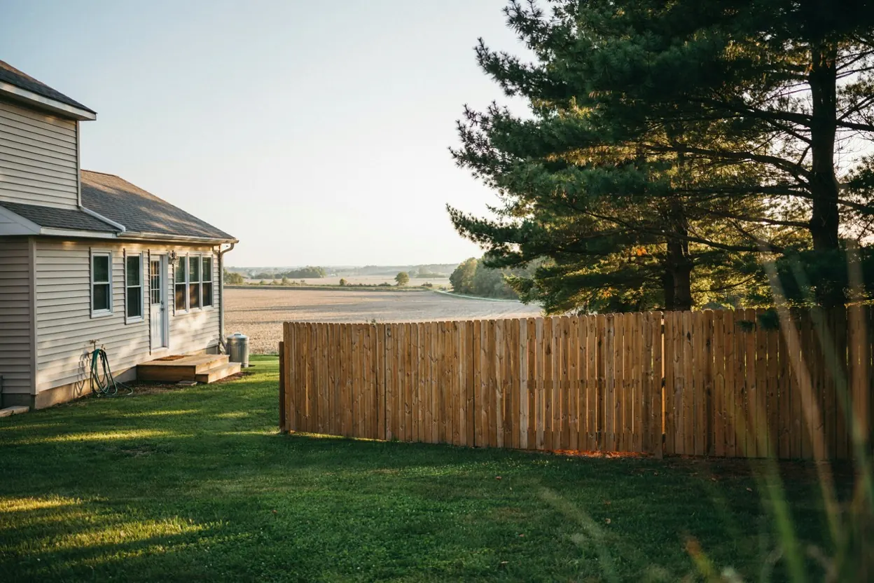 Cedar fence in a South Jersey yard with pines and farmland beyond