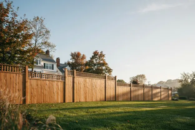 New cedar privacy fence with a lattice top along a suburban New Jersey backyard in autumn