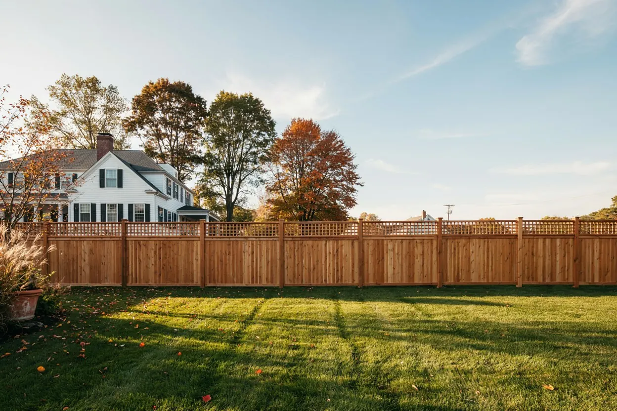 New cedar privacy fence with a lattice top along a suburban New Jersey backyard in autumn