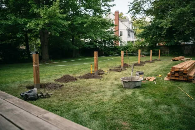 Fence installation in progress: post holes, posts in wet concrete, string line and stacked cedar boards