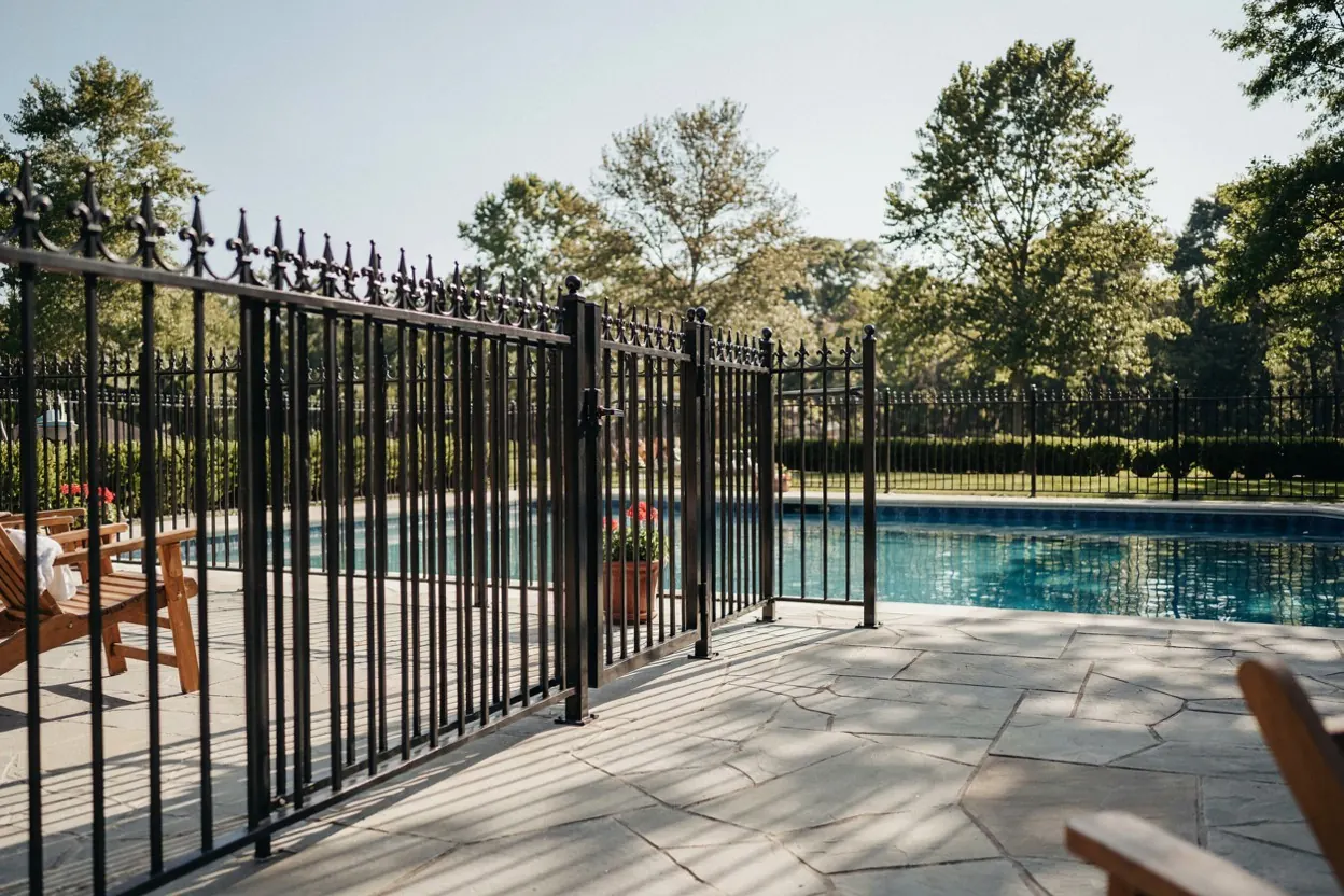 Black aluminum ornamental fence around a New Jersey backyard pool