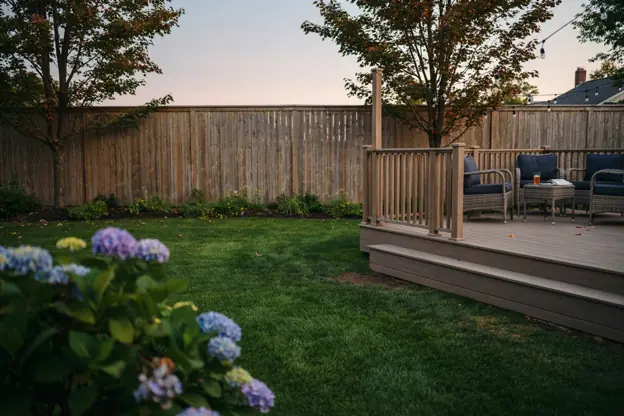 Tall privacy fence enclosing a suburban New Jersey backyard with a deck