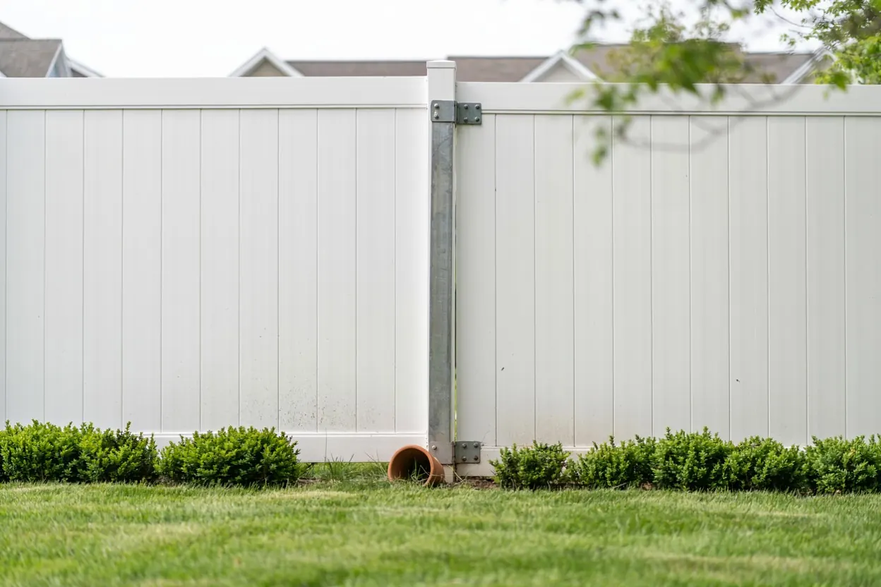 White vinyl privacy fence panel and gate in a New Jersey backyard
