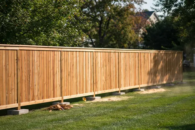 Freshly built cedar board-on-board fence with posts set in concrete